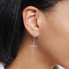 Sterling Silver 925 Cross CZ Dangling hoop Earrings