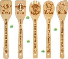 Cow Wooden Cooking Spoons 5Pcs, Highland Cow Gifts for Women Cow Kitchen Decor f