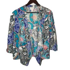 Chico's  Teal Multi 100 Linen Paisley Print Open Front Cardigan Size 2  L 