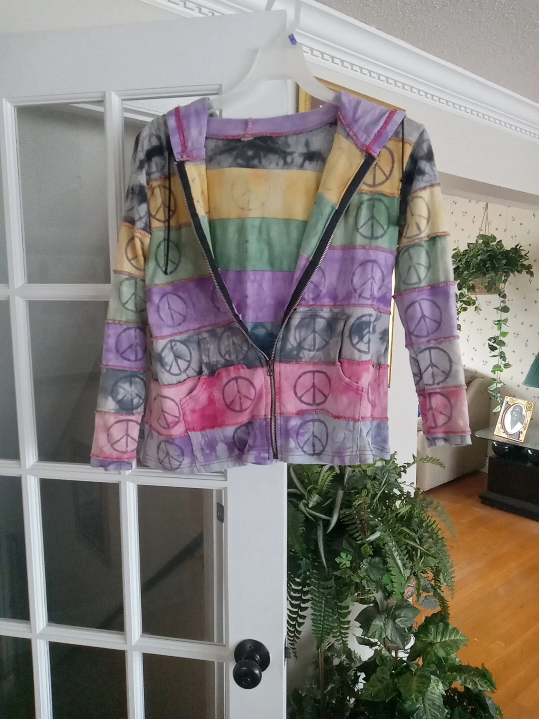 Rainbow Peace Sign Tie Dye Full Zip Drawstring Hoodie Jacket