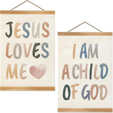 Kids Wall Art Set of 2-Jesus Loves Me I Am a Child of God,Christian Religious Bi