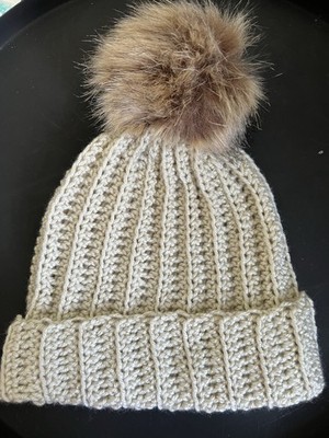 Crochet Handmade Pom Pom Beanie Hat Cap Taupe Brown Cream Winter White