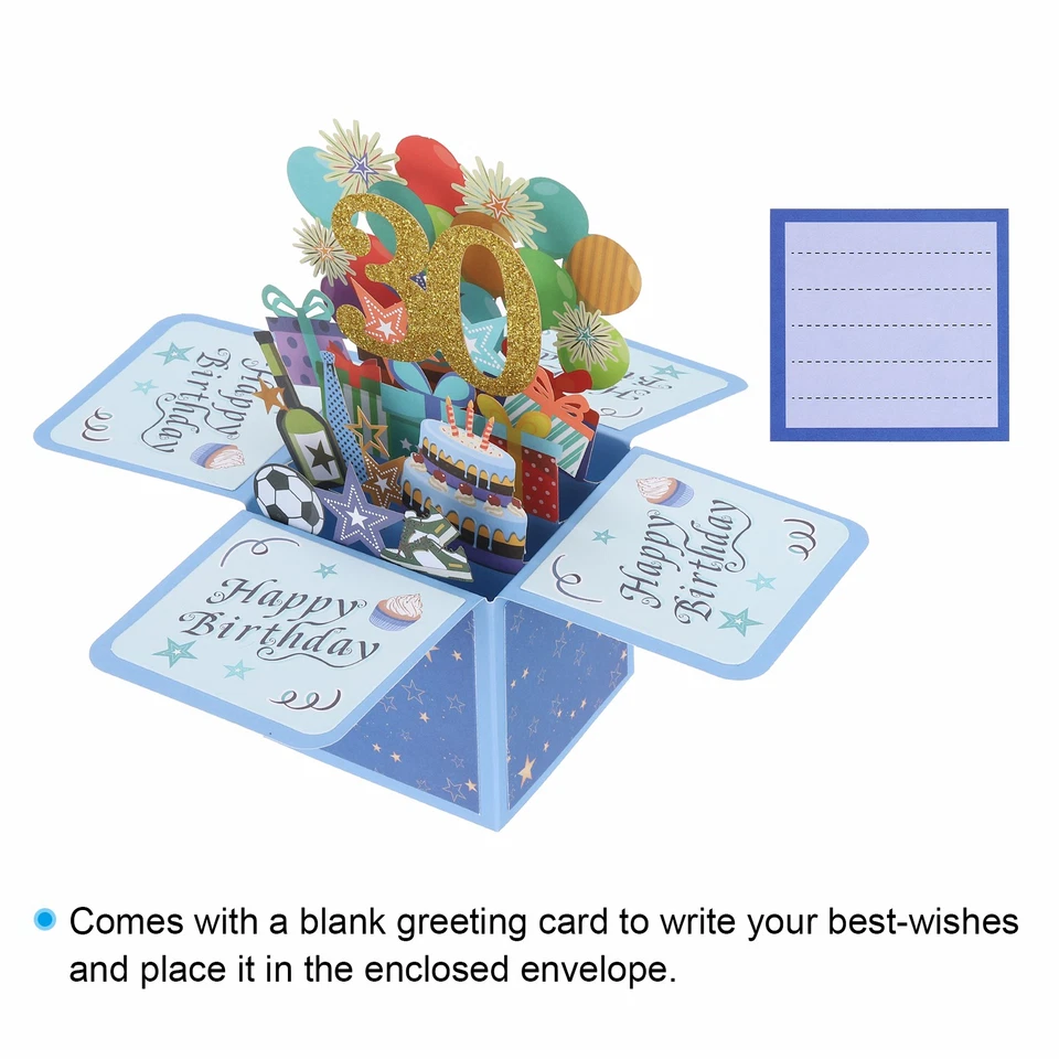 Tarjeta de cumpleaños 30, pop-out para niño mujer, azul Foto 3 de 4