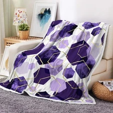 Purple Grey Fleece Throw Blanket, 50x60in Gold Navy Blue Geometric Mid Century