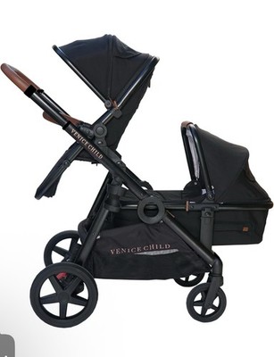 Maverick Travel System Single to Double Stroller for Twins with Newborn Bassinet