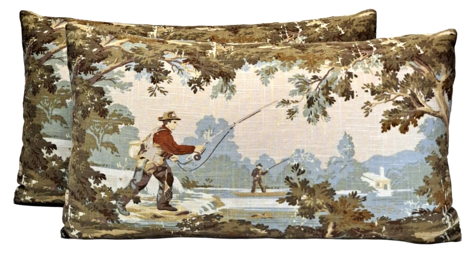 Fly Fishing Toile Avondale Decorative 14x24 Throw Pillow Cover Lumbar Linen - Image 4 of 4