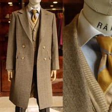 Winter Men's Overcoat Wool Blend Herringbone Double Breasted Office Long Coat