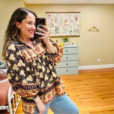 Tuckernuck Mille Black Red Floral Cotton Block print Blouse Top Small