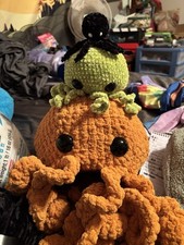 Cute Crocheted Octopus With Babies, Orange, Green Black Halloween Plush 14 Inch