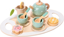 15Pcs Wooden Tea Set for Little Girls, MONT PLEASANT Wooden Toys, Toddler Tea Se