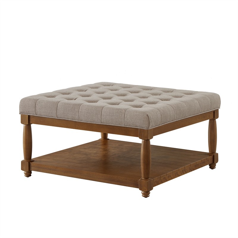 Farmhouse Large Upholstered Tufted Ottoman Solid Wood Coffee Table Open Storage