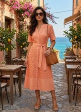 NWT Karl Lagerfeld Paris Coral Eyelet Cotton A-Line Shirt Dress Midi Size S $199