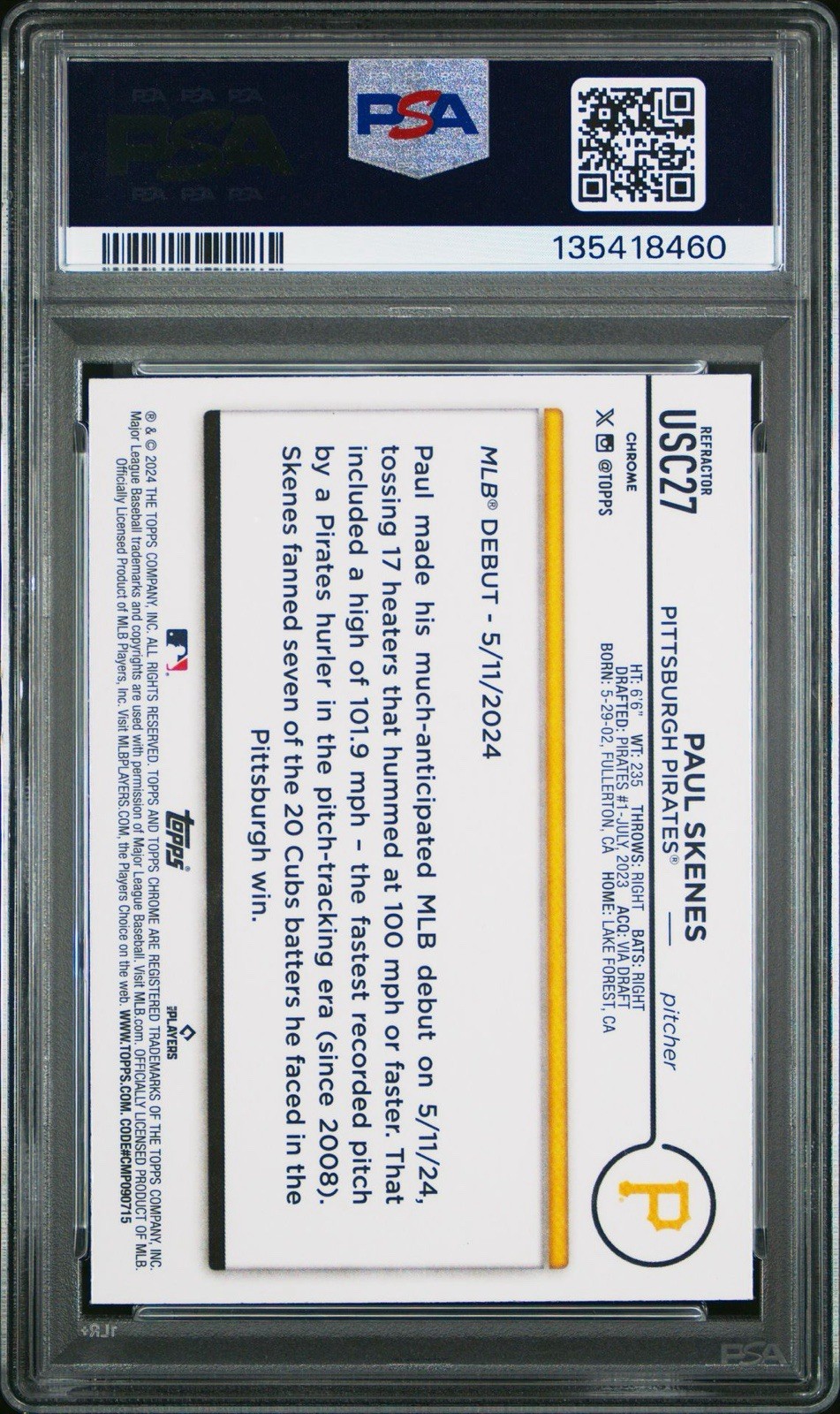 ⚾ Paul Skenes 2024 Topps Chrome Update RC Refractor PSA 9 Rookie USC27 Pirates view 2