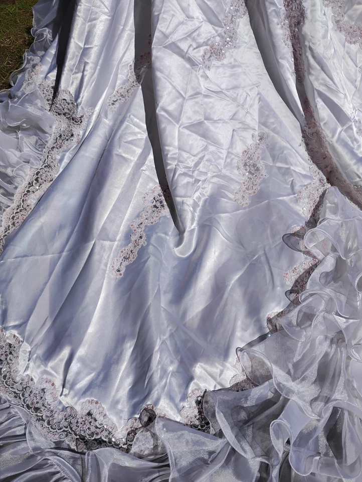 Vintage  Blush Pink Lightest Pink Train Puffy Sleeves Wedding Dress High Neck  - Image 3 of 4