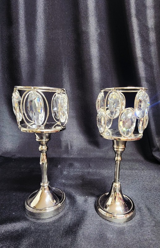 Pair Of Chrome And Crystal Candle Holders 9 Inches Tall