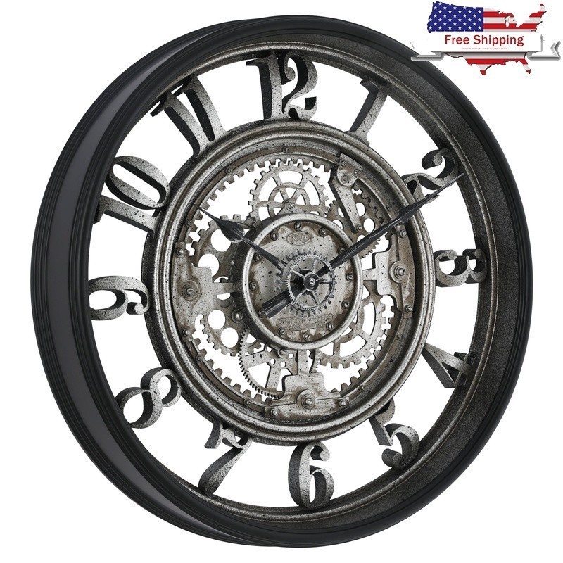 Rustic Metal Analog Wall Clock Indoor Moving Gear Quartz Decorative Timepiece US