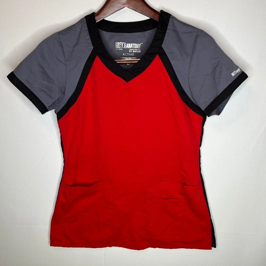 Grey’s Anatomy by Barco Active Women’s XS Red/Gray V-Neck Scrub Top - Image 2 of 4