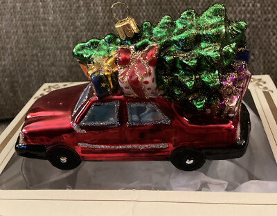 Impuls Mouth Blown Hand Painted Glass Ornament Red Sedan Car With Christmas Tree