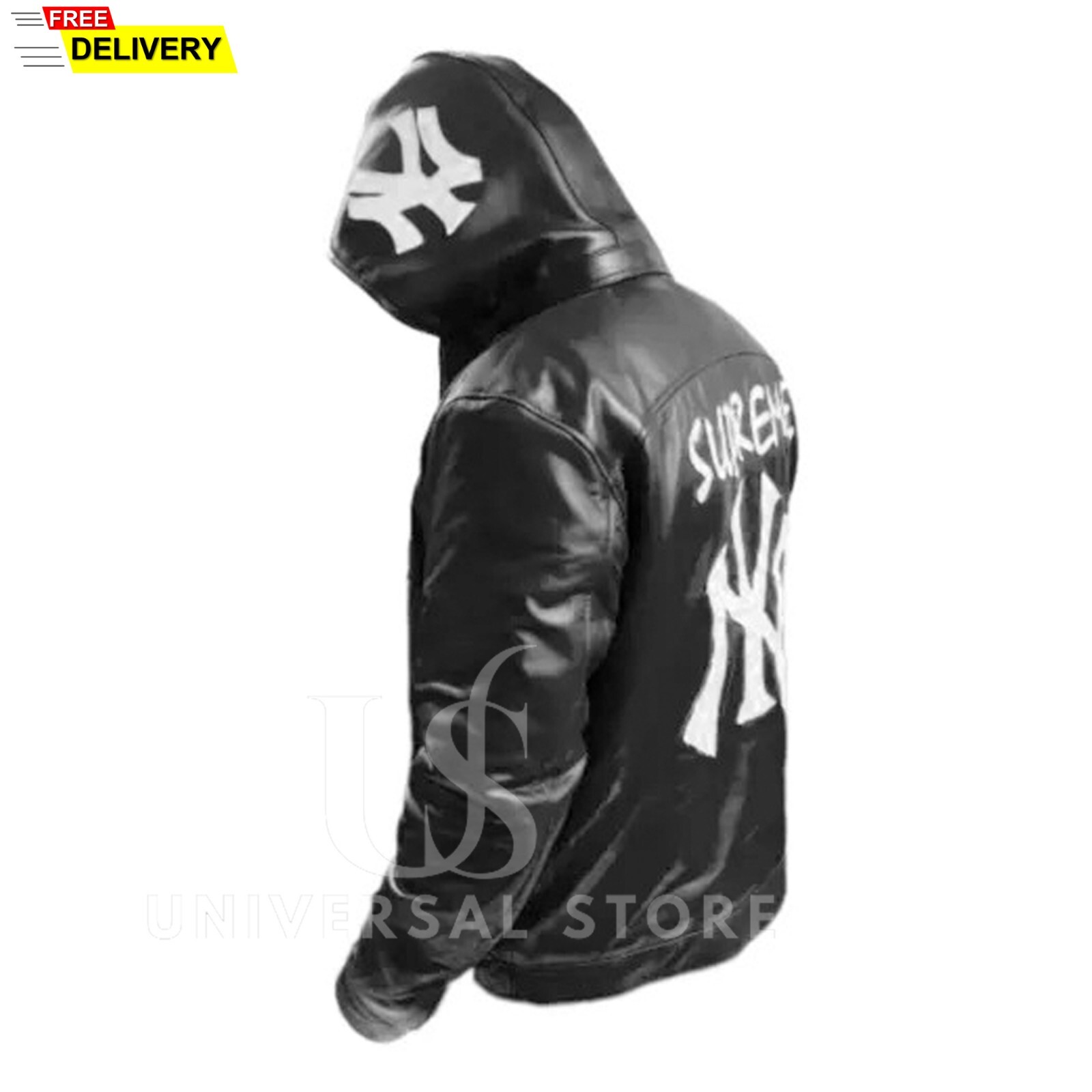 Black Supreme NY Yankees Full Leather Varsity Jacket with Removeable Hoodie New