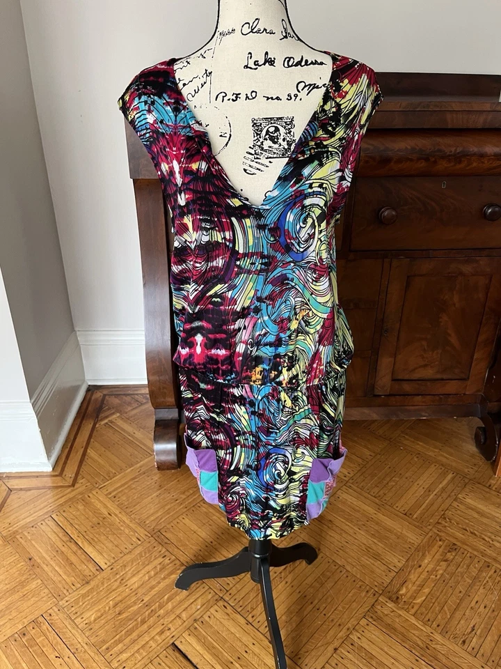 Custo Barcelona Colorful Dress Cap Sleeves Drop Waist Size Medium Boho V Neck - Image 2 of 4