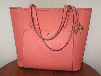 MICHAEL KORS JET SET TOTE BAG LARGE LEATHER SNAP POCKET PINK GRAPEFRUIT 