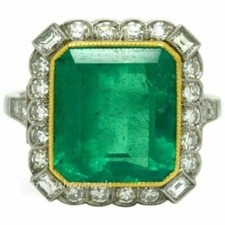 Emerald Cut 7CT Real Green Emerald Vintage Halo Wedding Ring 14K 2-Tone Gold FN