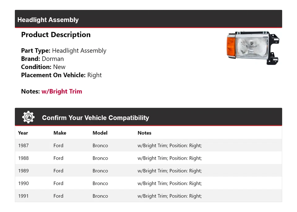 For 1987-1991 Ford Bronco Dorman Headlight Assembly Right 1988 1989 1990 - Imagem 2 de 4