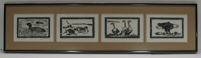 1984 Woodblock Quadriptych by C.Jorgensen - Loon, Pin Tails, Geese, and Eagle