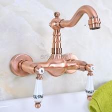 Red Copper Dual Ceramic Handle Bathroom Basin Faucet Wall Mounted Mixer Tap