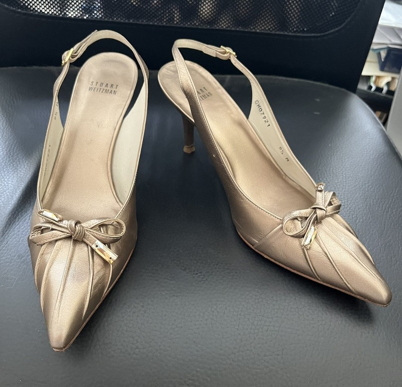 Stuart Weitzman 8, 8 1/2 Leather Antiq Gold Light Bronze Sling Back Dress Heels