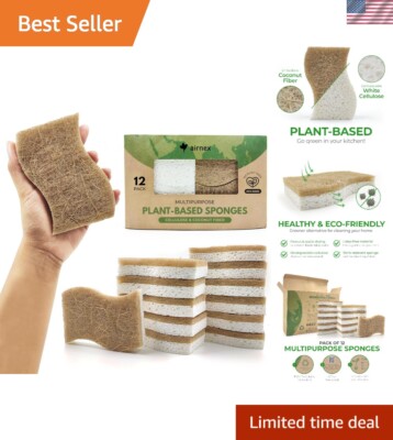 Eco-Friendly Kitchen Sponges, 12-Pack, Cellulose & Coconut Scrubbers
