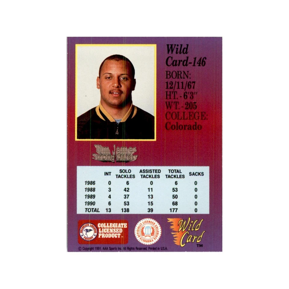 1991 Wild Card Tim James Football Cards #146 - Image 2 of 3