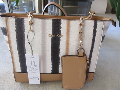 Calvin Klein Tan Multi Combo Color Monogram Signature Tote Removable Pouch NWT