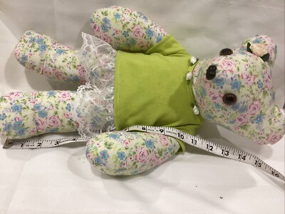 Hand Crafted Teddy Bear In Sitting 16  Length Floral With Hand Made Dress