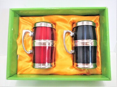 Green Tea Mugs Boxed Set of 2 Wellbeing Stainless Steel Korea Red & Blue NIB