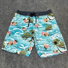 Burnside Board Shorts Mens 34 Blue Floral Drawstring Summer Swimwear Wax Comb