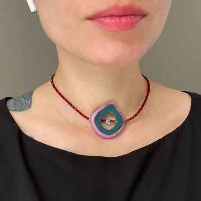 Druzy choker necklace, teal and burgundy agate slice necklace for women - Image 1 of 4