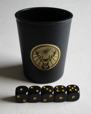 Jägermeister Würfelbecher schwarz mit Logo Hirschkopf und 5 Würfel - NEU