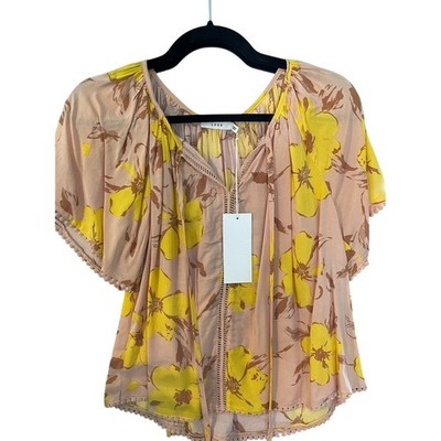 Lush Floral Split Neck Blouse Yellow Peach Pom Pom Trim Boho Top Small NWT