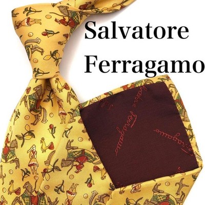 Salvatore Ferragamo Tie Yellow All Over Pattern Animal Office Business Neck Tie