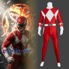 NEW Mighty Morphin Red Ranger Cosplay Full Set Jumpsuit Costume Halloween Outfit