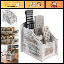Whitewashed Wood TV Remote Control Holder - 3 Compartment Organizer, Stylish Dec