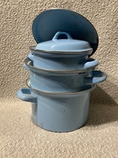 Emaille T&ouml;pfe Set Hellblau Antik Vintage Silberrand 3 St&uuml;ck
