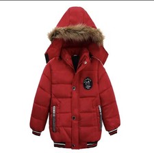 Boys Red Puffer Jacket Faux Fur Hood Winter Warm Coat