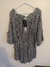 NWT Mudpie black gingham Camden off the shoulder women's large romper
