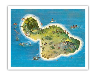 The Island of Maui Hawaii - Vintage Pictorial Map by Ray Lanterman 1962