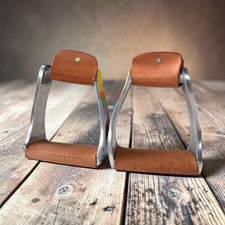 English Metal Stirrups w/ Leather Tread Pads, Rainbow Unicorn Side Design Pair