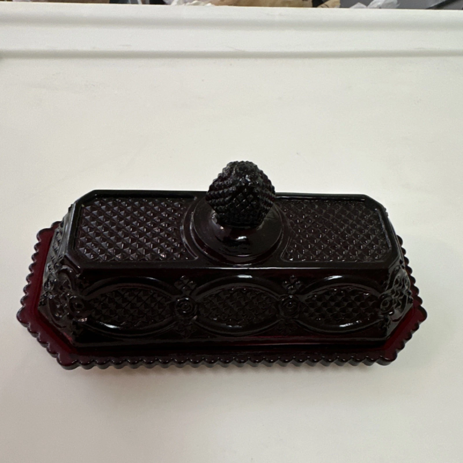 Avon Red Patterned Glass Rectangle Butter Dish Set w/ Lid & Tray, 2pc