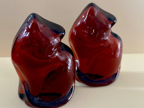 Blenko Glass Cat Figurine Paperweight Hand Blown Art Glass Amber Lot Of 2