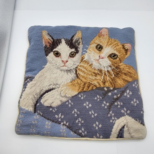 Adorable VTG Kitty Cat Kitten Needlepoint Throw Pillow Cover Whimsical Kitschy 